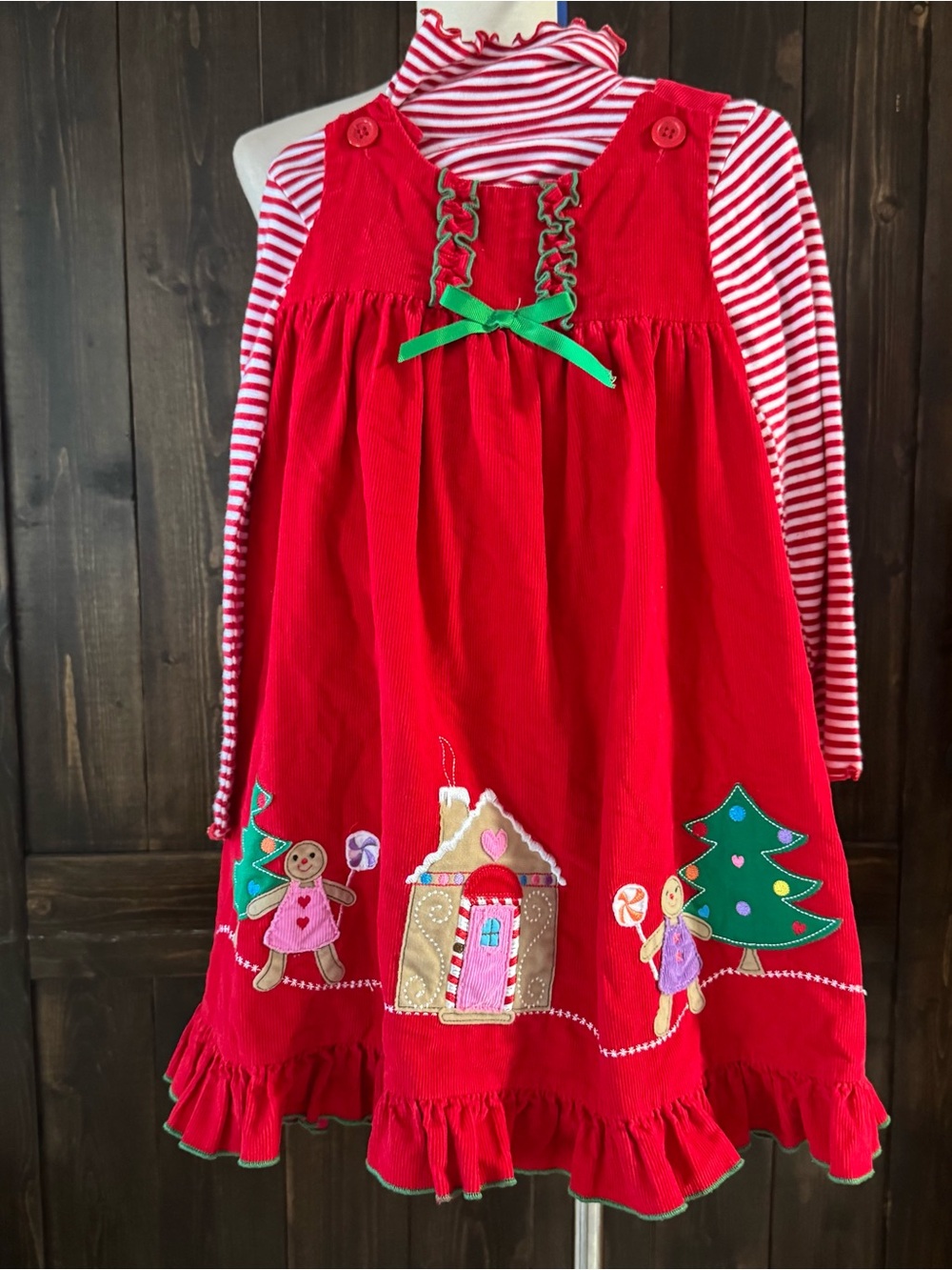 Girls Vintage Style Christmas Gingerbread Man Dress 2 Pc Set Striped Shirt 6/6X